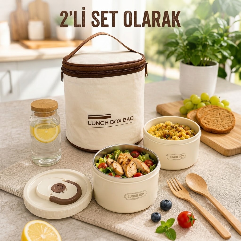 Paslanmaz Çelik Yemek Termosu Isı Yalıtımlı 2'li Set 304 Çelik Kılıflı Çantalı