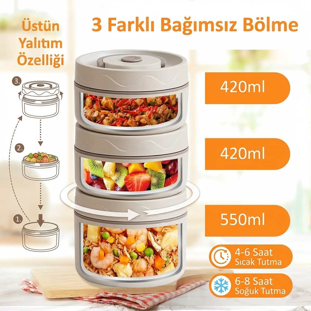 Paslanmaz Çelik Yemek Termosu Isı Yalıtımlı 2'li Set 304 Çelik Kılıflı Çantalı