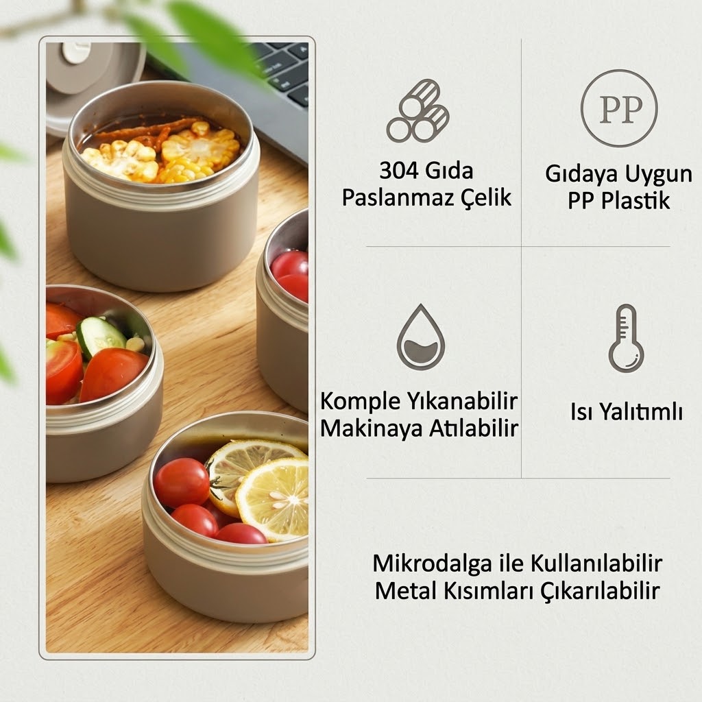 Paslanmaz Çelik Yemek Termosu Isı Yalıtımlı 2'li Set 304 Çelik Kılıflı Çantalı