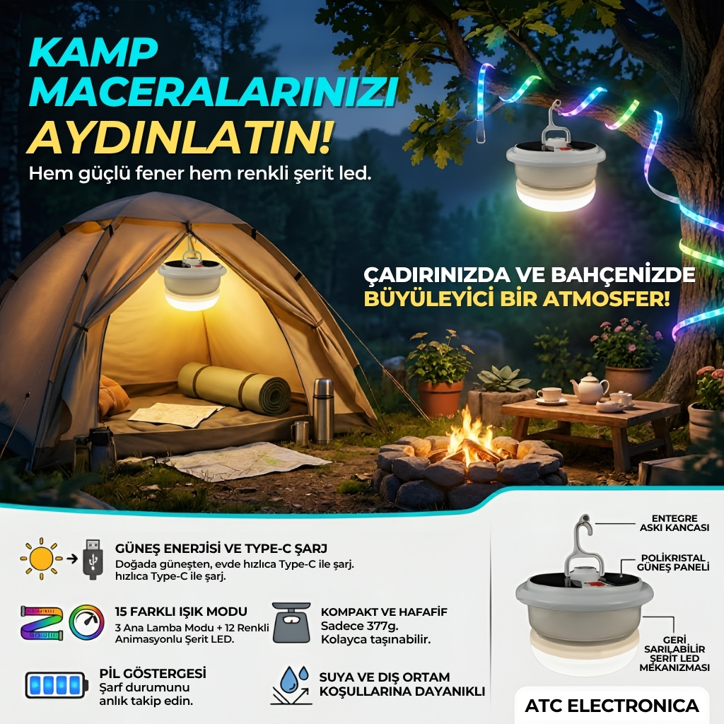 Güneş Enerjili Şerit Ledli Kamp Lambası - 15 Farklı Işık Modu & Type-C Hızlı Şarj