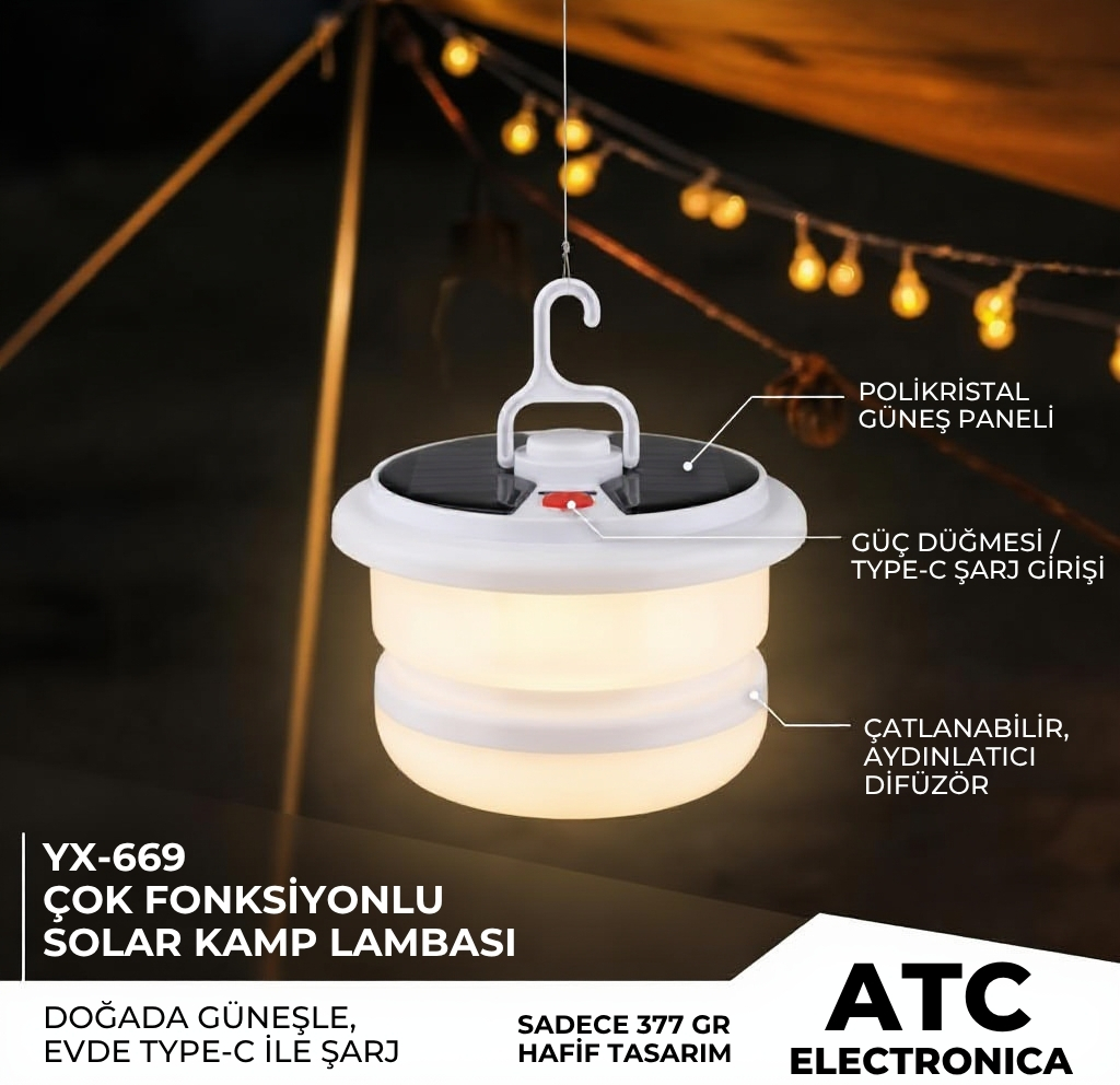 Güneş Enerjili Şerit Ledli Kamp Lambası - 15 Farklı Işık Modu & Type-C Hızlı Şarj
